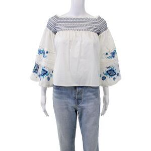 Parker Womens 3/4 Flare Sleeve Floral Embroidered Smocked Top White Blue Small